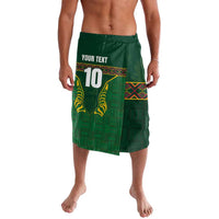 Green rugby lavalava wrap skirt with bold panel graphics, number 10 and custom text