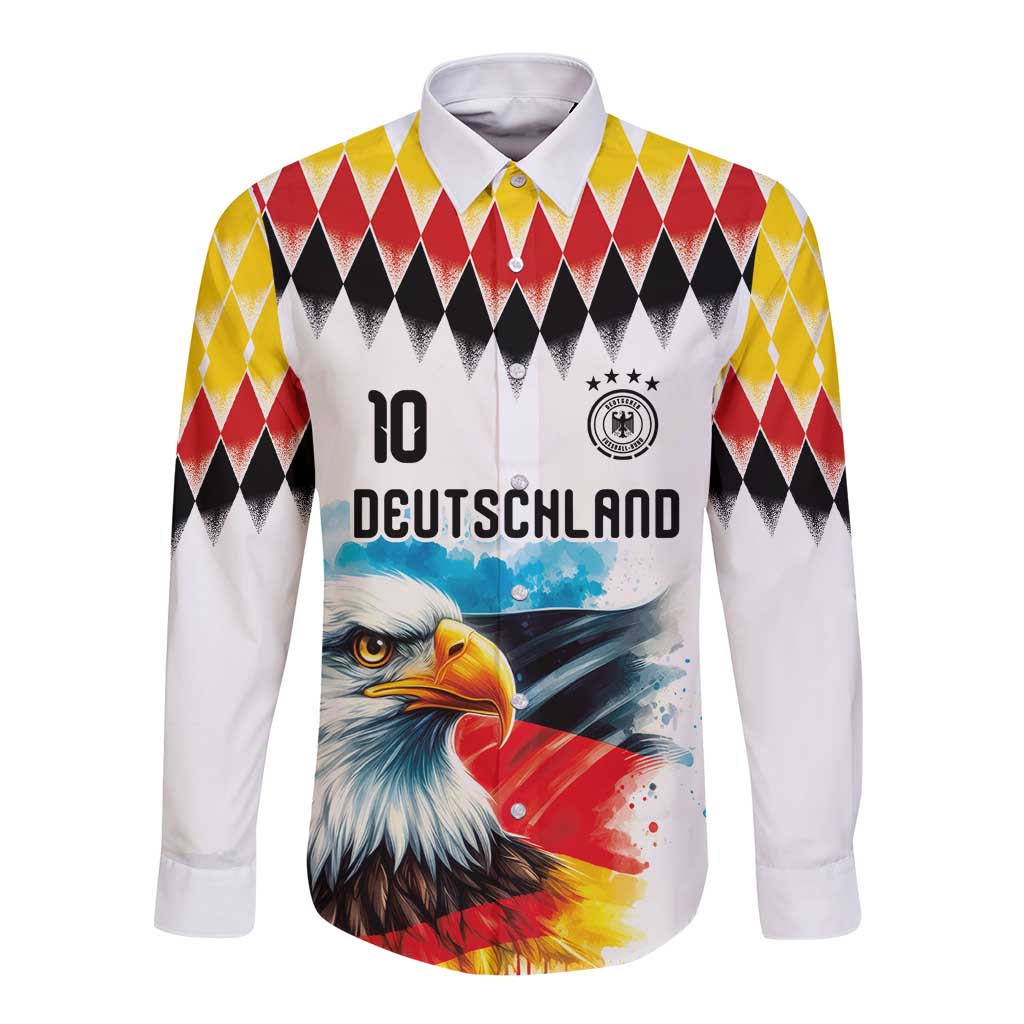 Custom Germany National Football Long Sleeve Button Shirt Deutschland Eagle Argyle Heritage Watercolor Art