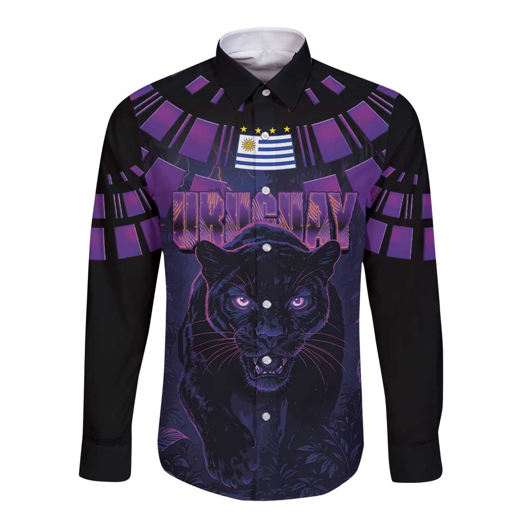 Custom Uruguay National Football Long Sleeve Button Shirt La Celeste South America Wildcat Neon Graphic