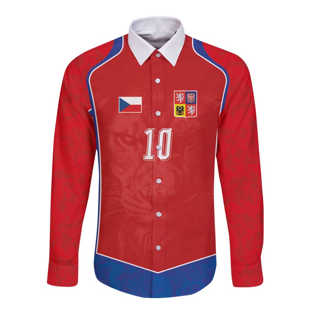 Custom Czechia National Football Long Sleeve Button Shirt Halftone Lion Graphic T90 Style