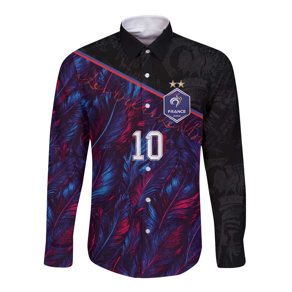 Custom France National Football Long Sleeve Button Shirt Les Bleus Feather Pattern Abstract Fleur-De-Lis Art