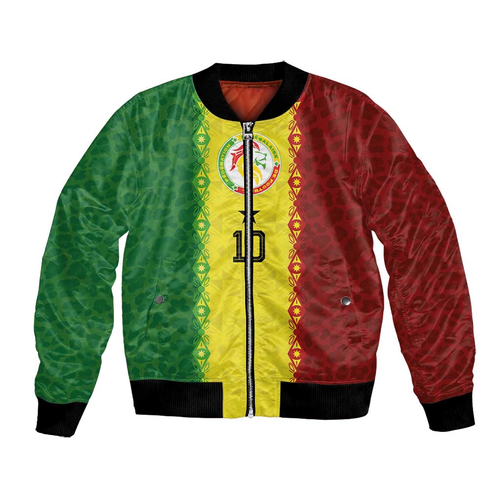 Custom Senegal National Football Bomber Jacket Lions Of Teranga Leopard Print Tribal Flag Graphic