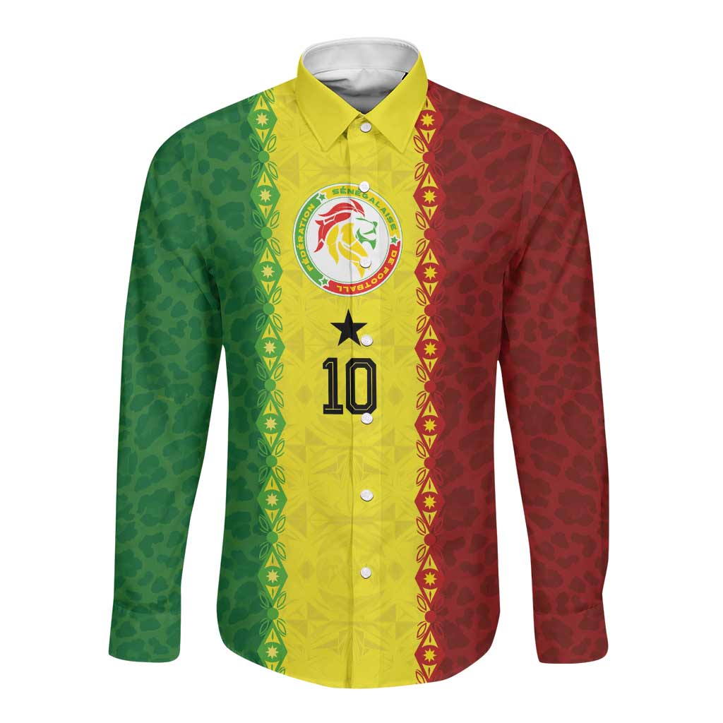 Custom Senegal National Football Long Sleeve Button Shirt Lions Of Teranga Leopard Print Tribal Flag Graphic