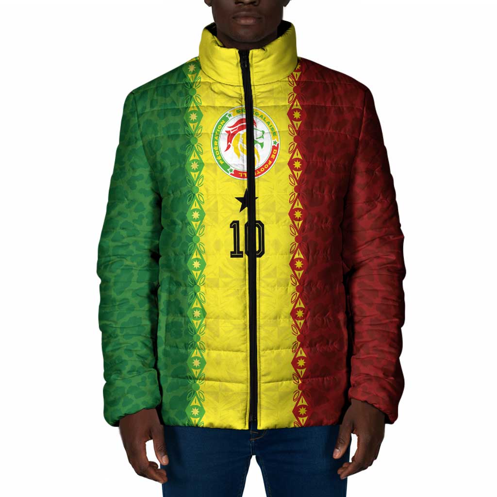 Custom Senegal National Football Padded Jacket Lions Of Teranga Leopard Print Tribal Flag Graphic