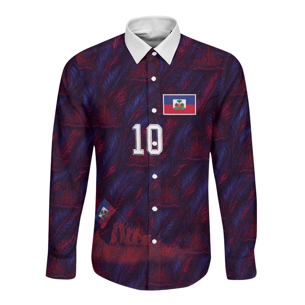 Custom Haiti National Football Long Sleeve Button Shirt Les Grenadiers Feather Pattern Coat Of Arms Art