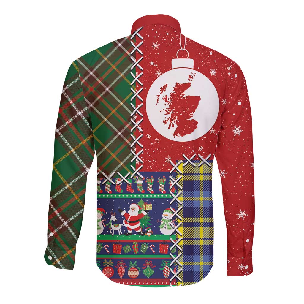 Scottish Christmas Long Sleeve Button Shirt Scotland Lion and Xmas Elements Patch Style - Wonder Print Shop