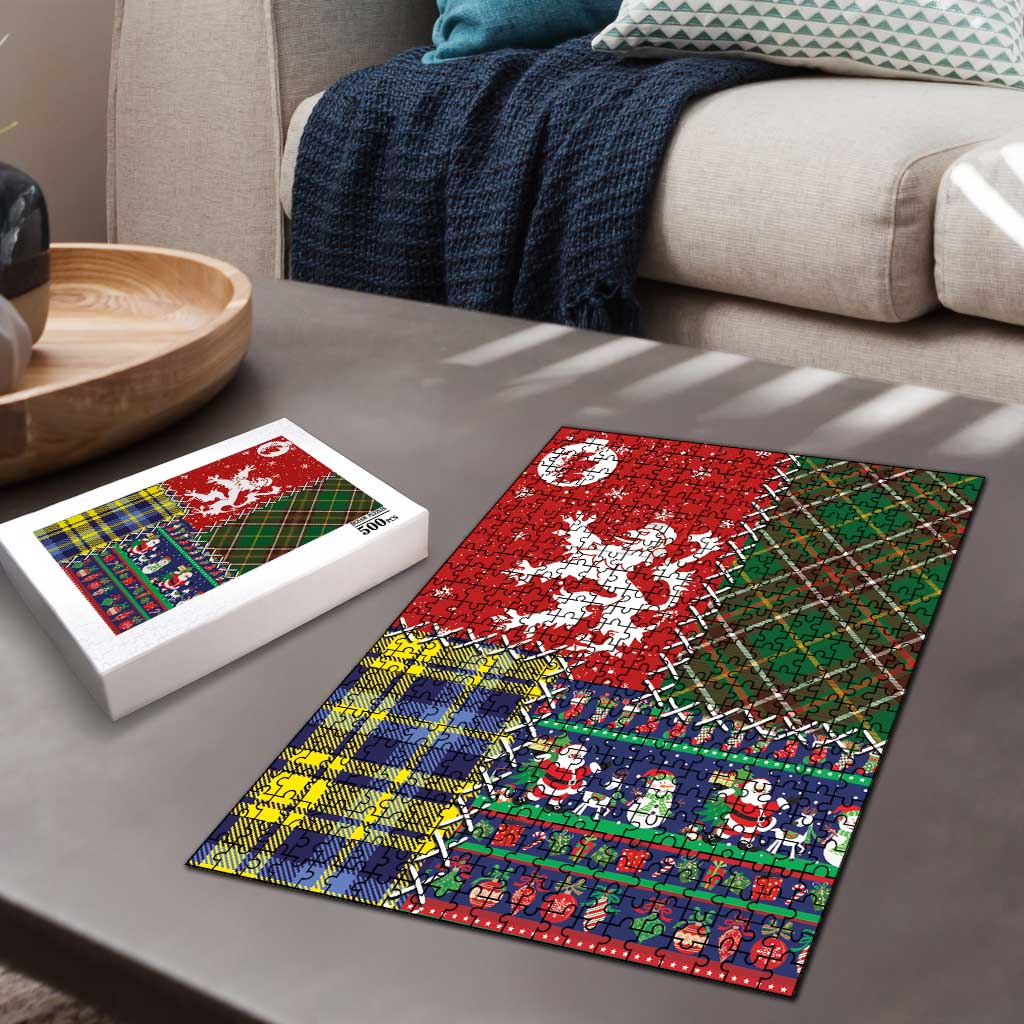 Scottish Christmas Puzzle Scotland Lion and Xmas Elements Patch Style - Wonder Print Shop