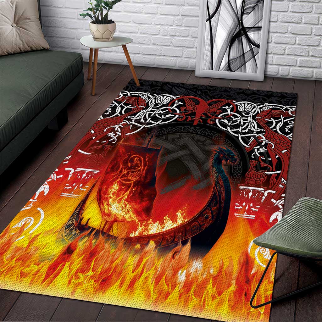 Viking longship area rug, rectangular, black-red-yellow flame artwork with chain pattern