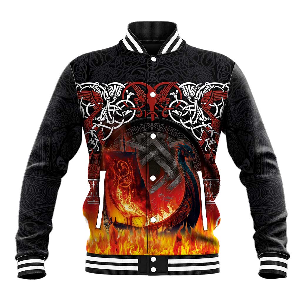 Black baseball jacket with striped ribbed collar, button front, burning longship graphic