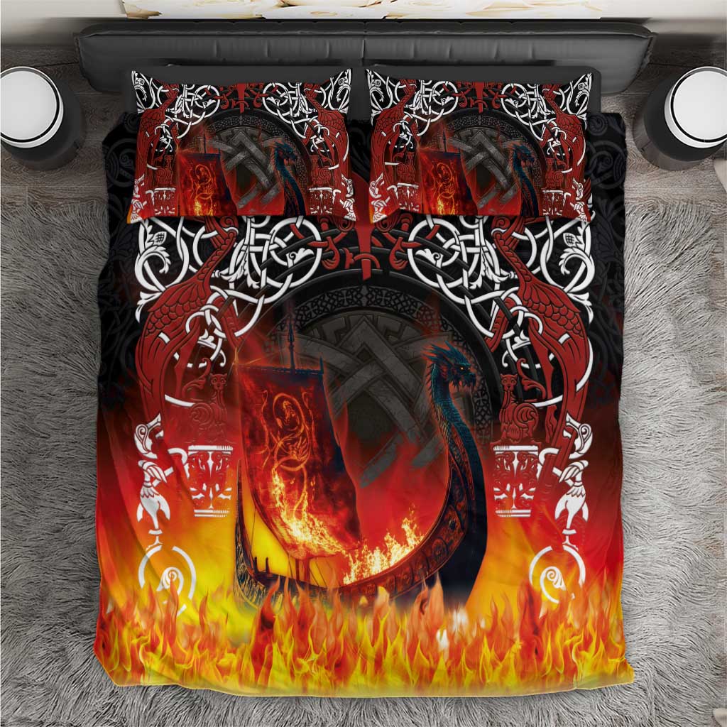 Flame-themed viking bedding set with black and red duvet, longship artwork, two pillowcases