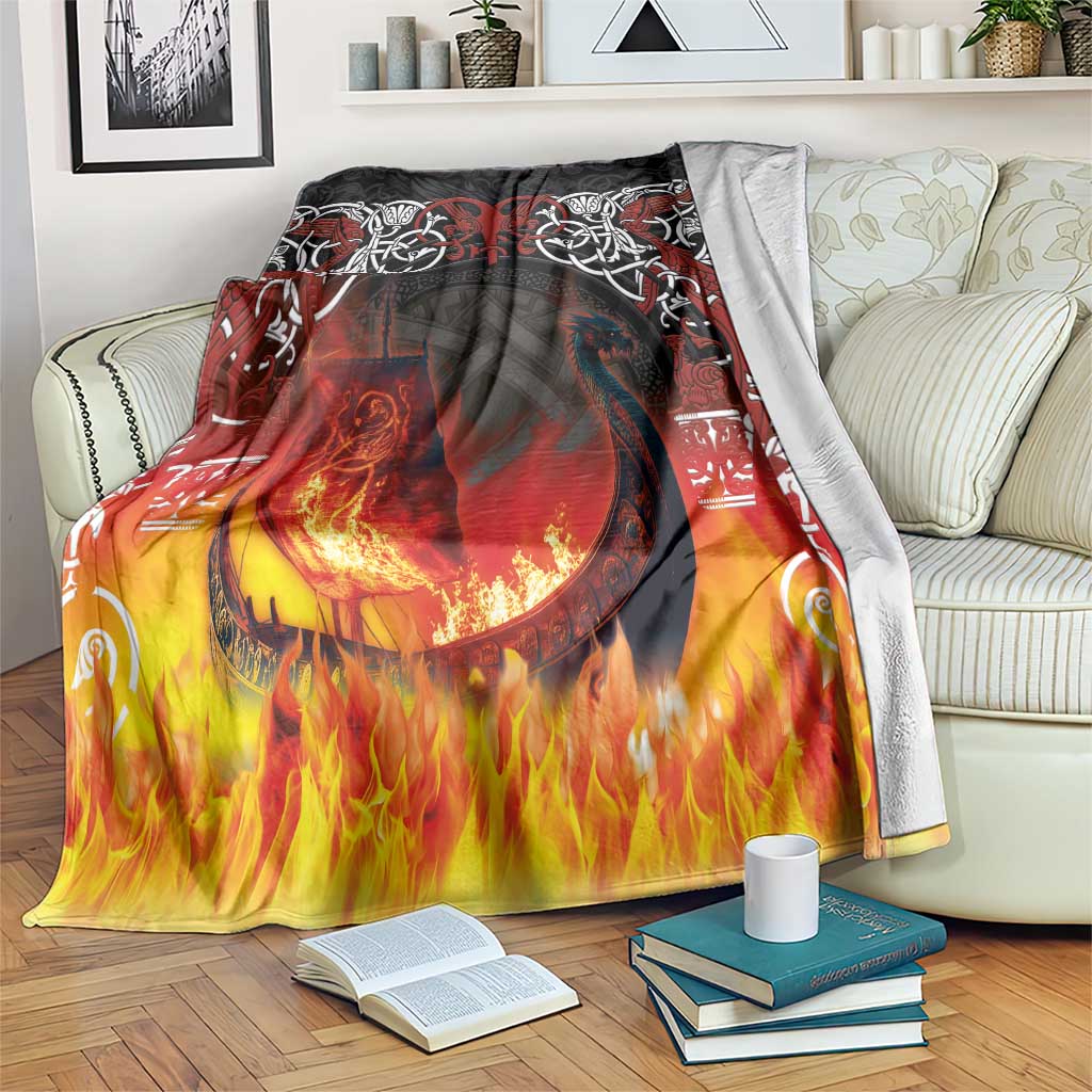Fiery Viking longship graphic blanket in black, red, yellow flames design