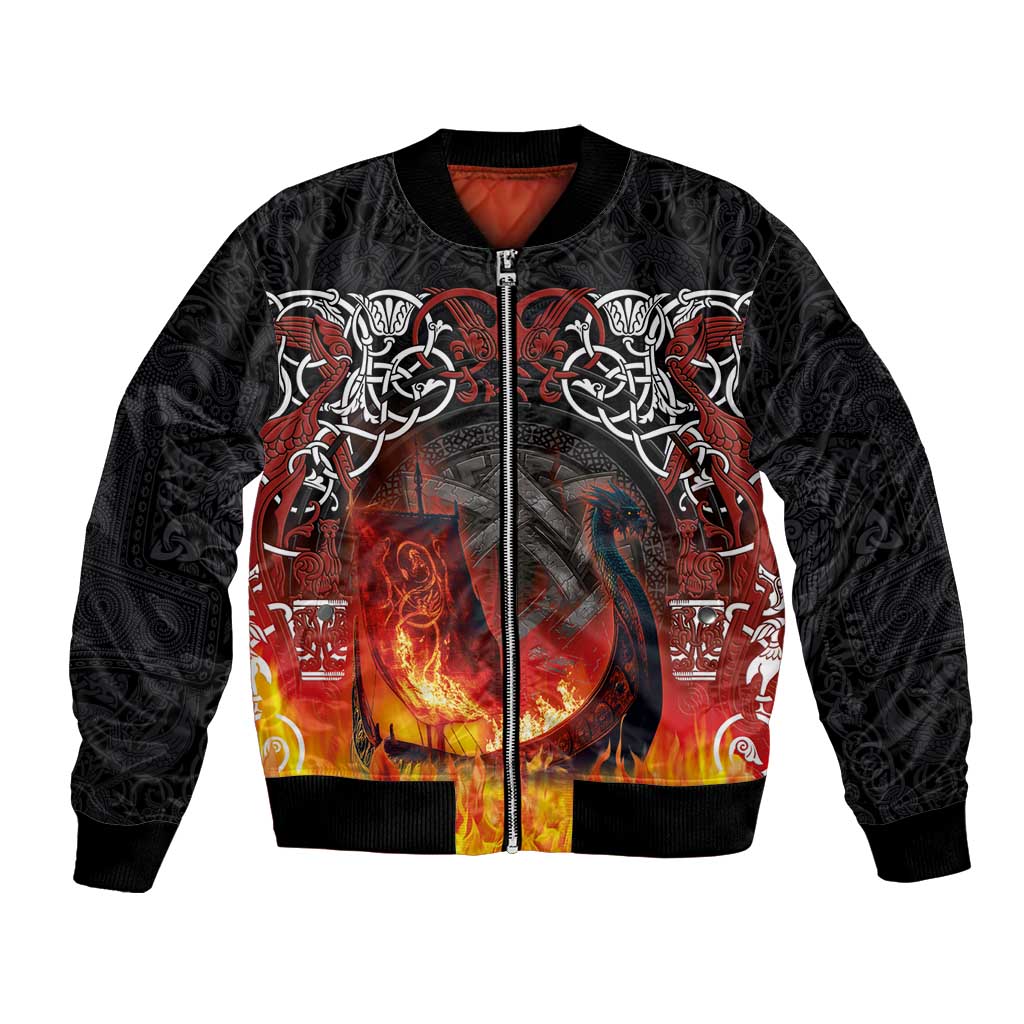 Unisex black bomber jacket with full-zip front and Viking ship burning graphic