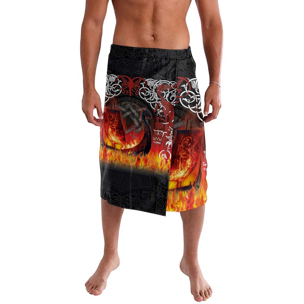 Black viking longship print lounge shorts with elastic waistband and side slit