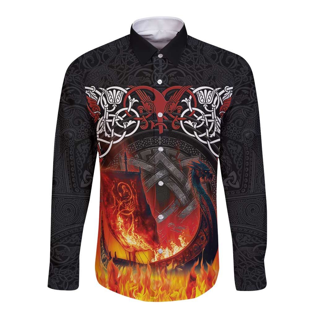 Unisex black long-sleeve button shirt with Viking ship graphic and flames on front