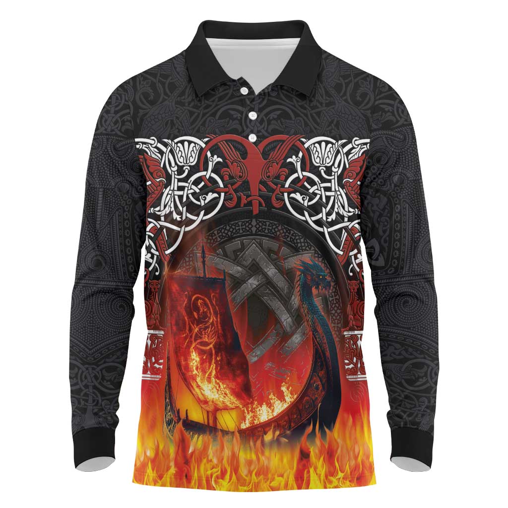 Scotland Up Helly Aa Long Sleeve Polo Shirt Drakkar Viking Longship Burning The Return of The Light - Wonder Print Shop