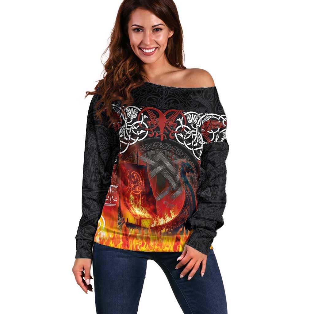 Scotland Up Helly Aa Off Shoulder Sweater Drakkar Viking Longship Burning The Return of The Light