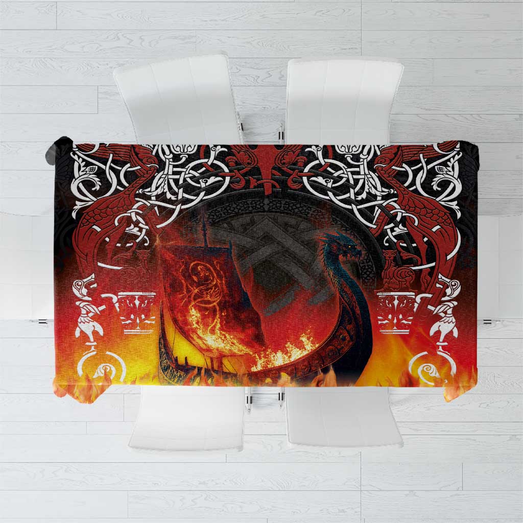 Black tablecloth with Viking longship graphic, red-yellow flames, and Celtic knot border