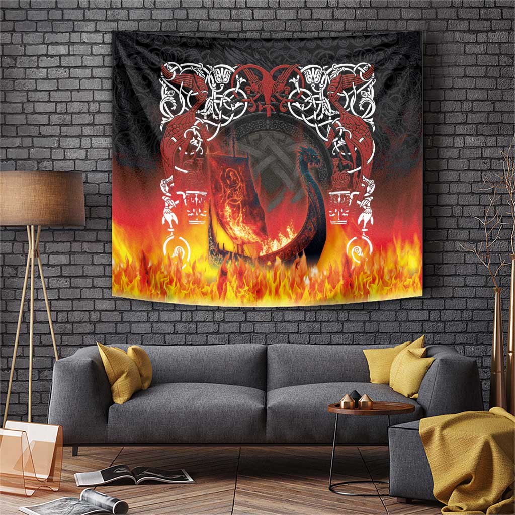 Black tapestry wall hanging with red Viking longship ring motif and bright flames