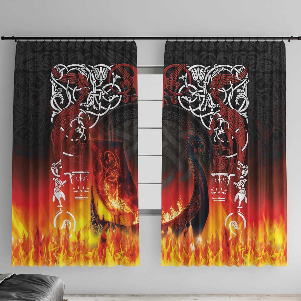 Black window curtains with red, white Viking longship and flame graphic, hanging as a pair