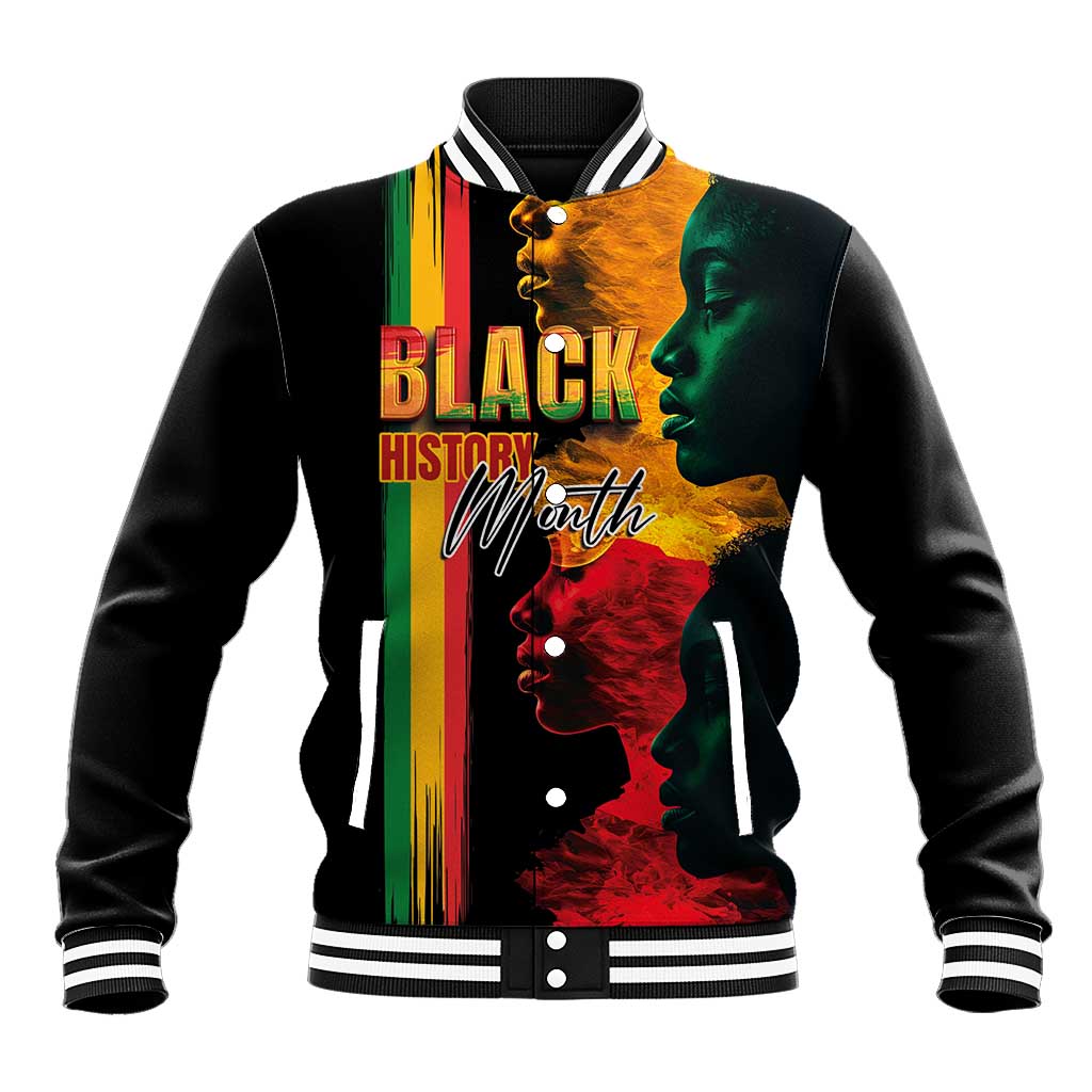 Black varsity baseball jacket with striped collar, button front, Black History Month face graphic