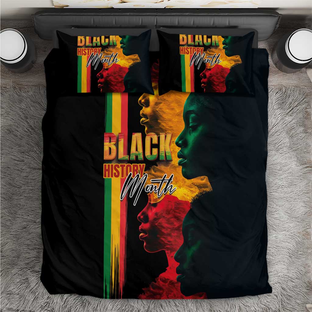 Black bedding set with rainbow stripe panel and Black History Month face artwork on duvet