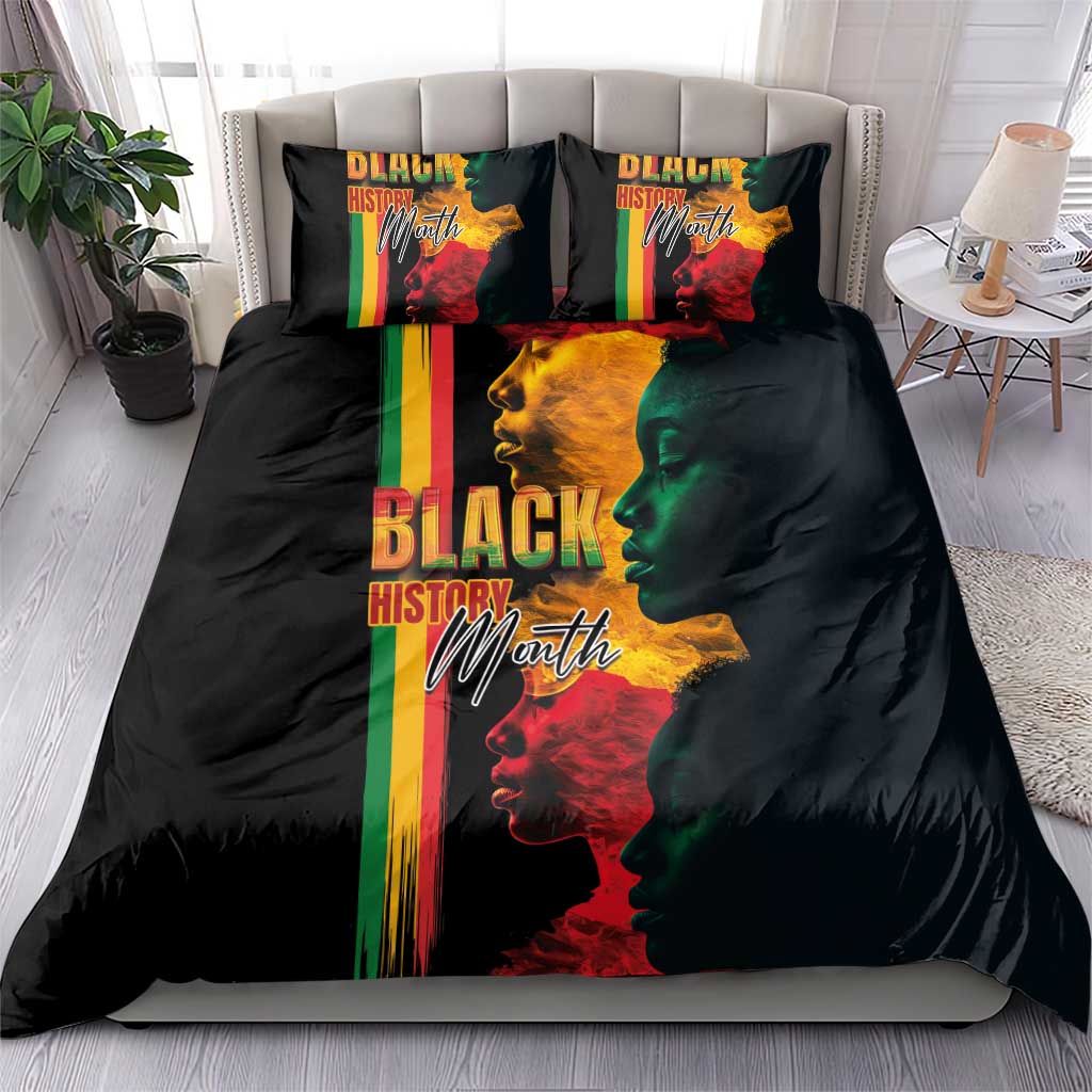 Black bedding set with colorful vertical stripes and Black History Month face graphic on duvet