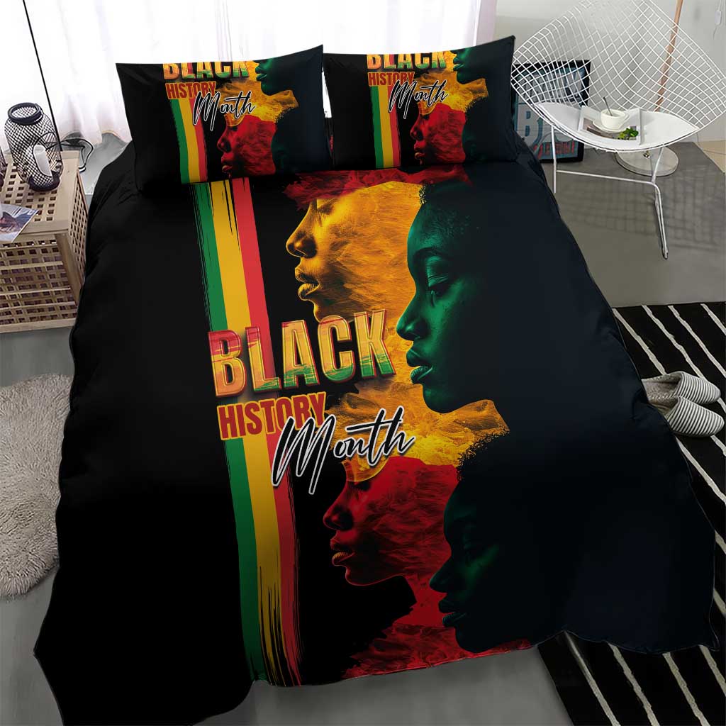 Black bedding set featuring rainbow stripe panel and Black History Month face print on duvet