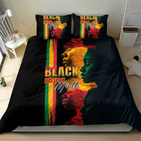 Black bedding set with Black History Month face artwork, rainbow stripe panel on duvet