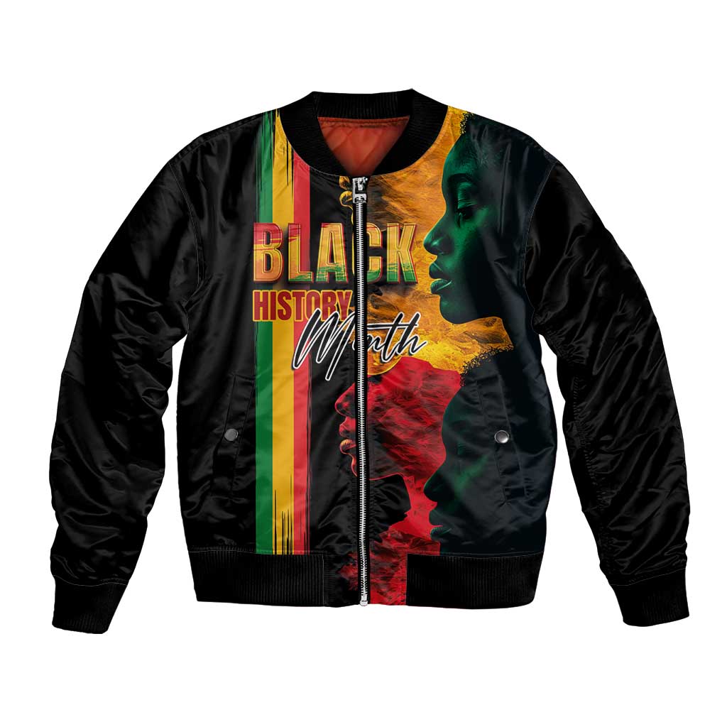 Black satin bomber jacket with front zipper and Black History Month graphic