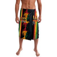 Black graphic wrap skirt with striped panels and “Black History Month” text, side slit