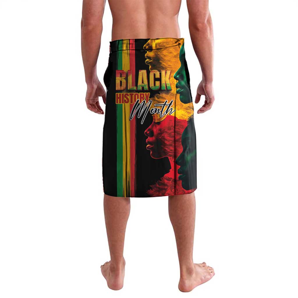 Black graphic wrap skirt with “Black History Month” print and colorful vertical stripes