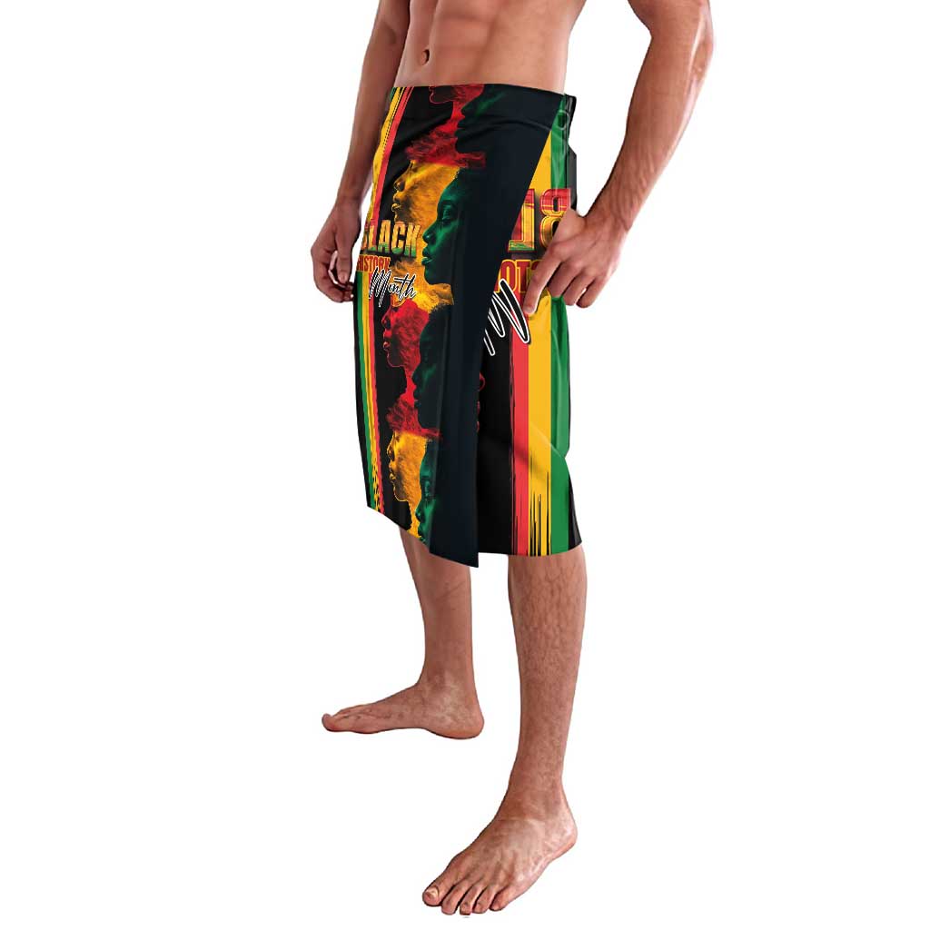 Black graphic sarong skirt with colorful stripes, portrait collage, side opening