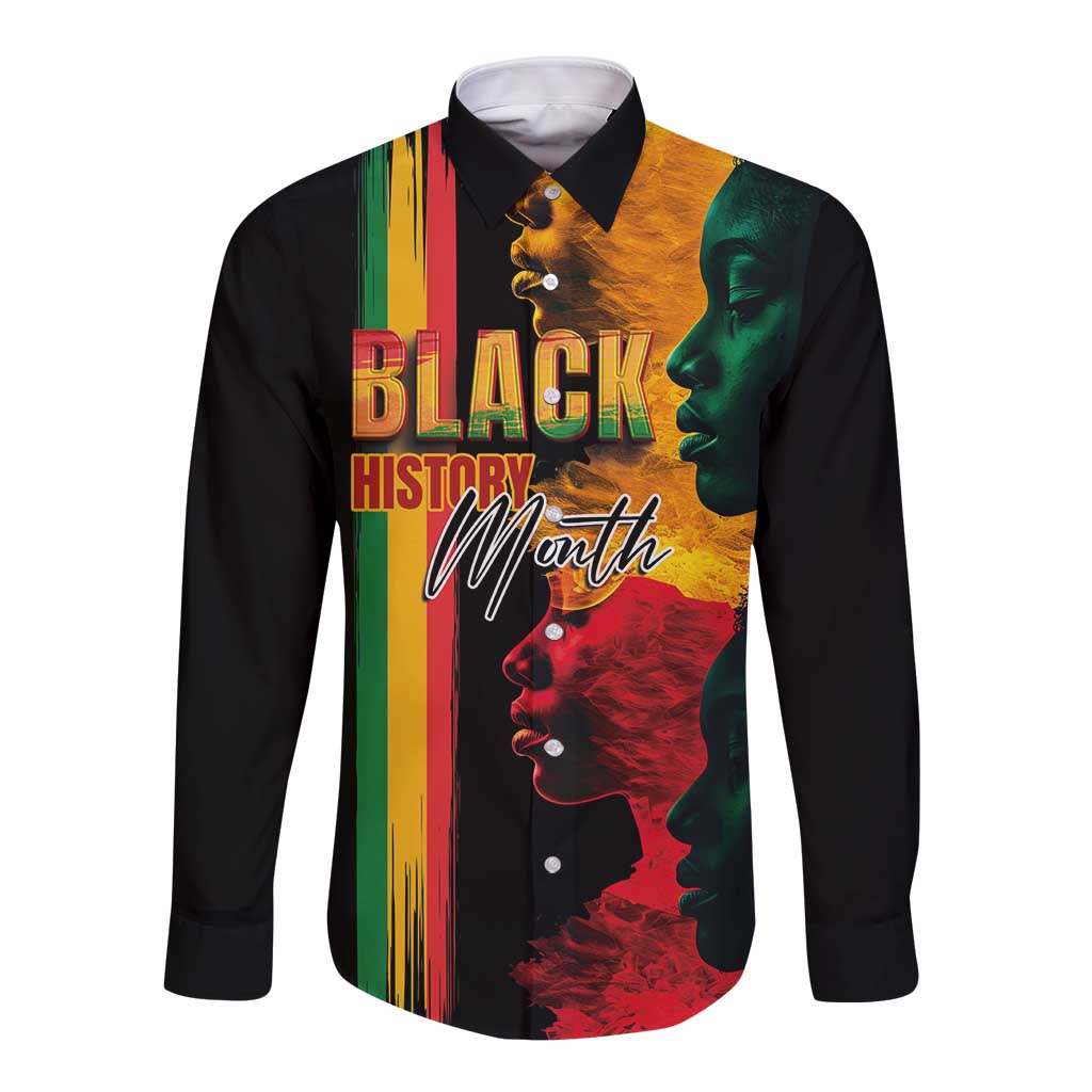 Black long-sleeve button shirt, front “Black History Month” graphic with faces.