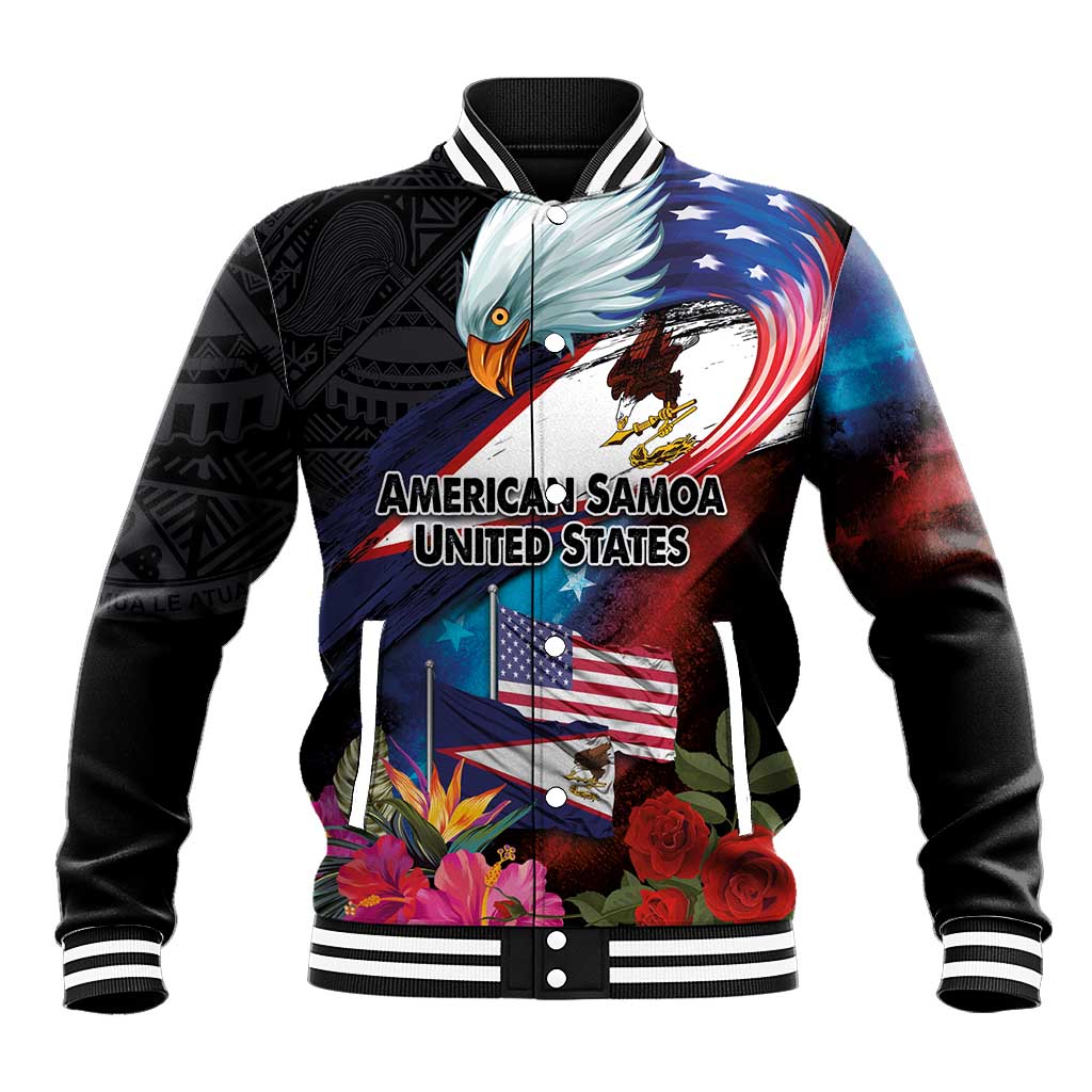 Black unisex baseball jacket with varsity striped collar, eagle-flag graphic and flowers