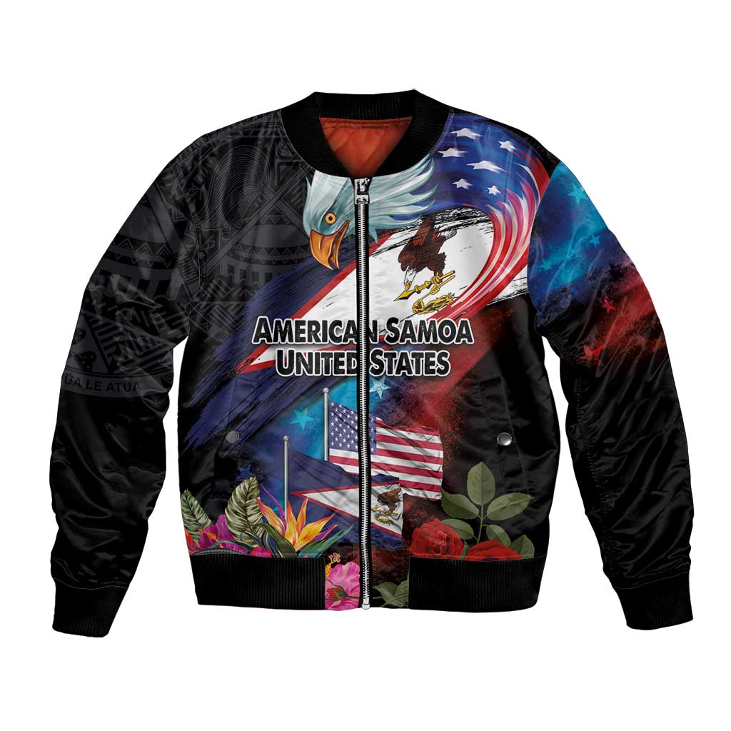 Black bomber jacket with full-zip front, graphic eagle and flag, hibiscus and roses