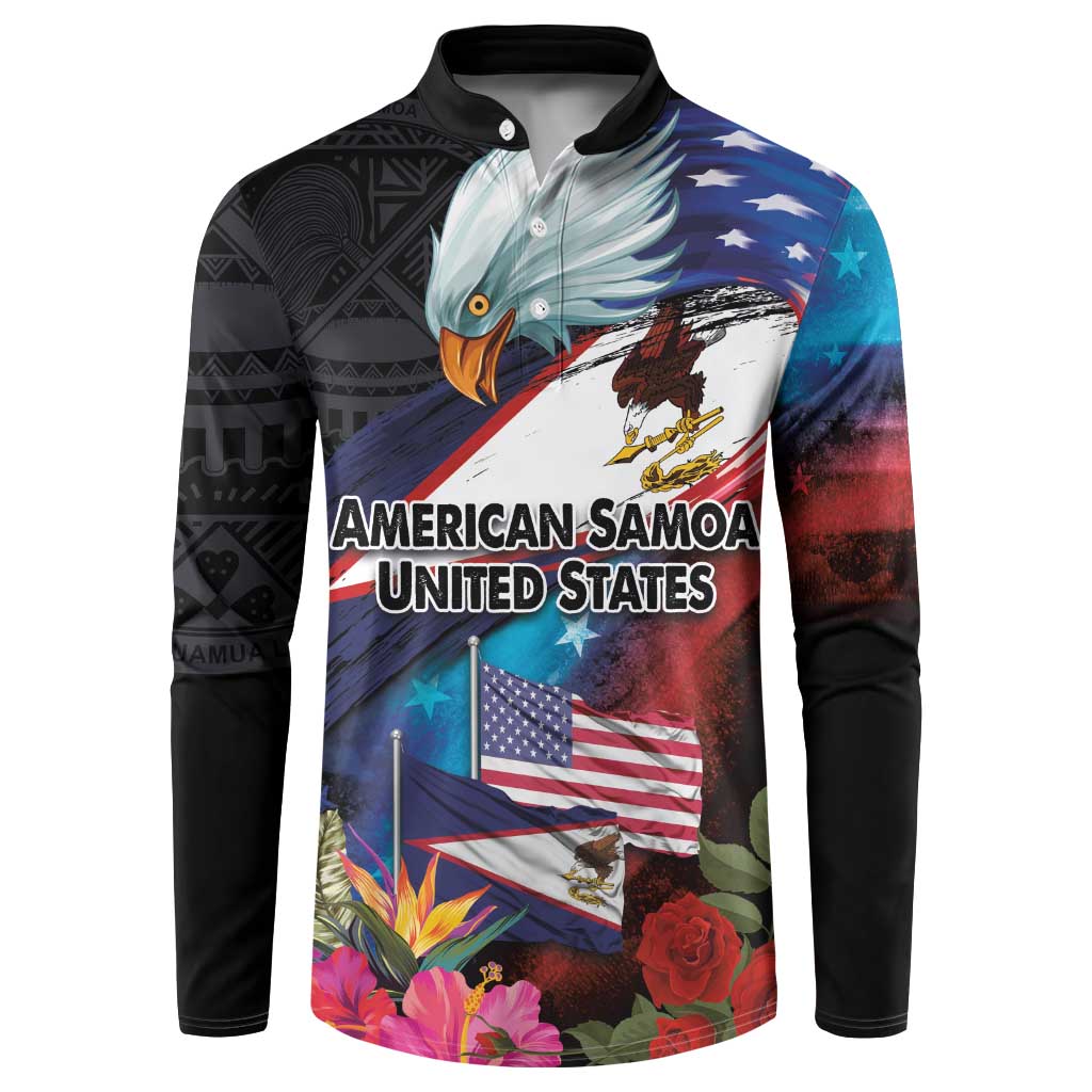Black button sweatshirt with eagle and hibiscus/rose flag print