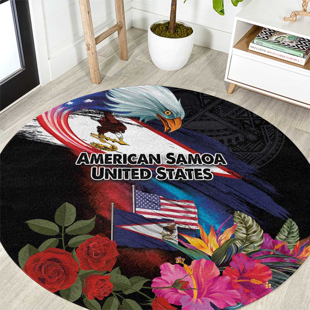 American Samoa and United States Together Round Carpet National Flag with Eagle-Hibiscus and Rose