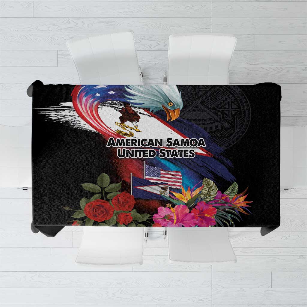 Black tablecloth with American flag, eagle, and tropical hibiscus and rose design