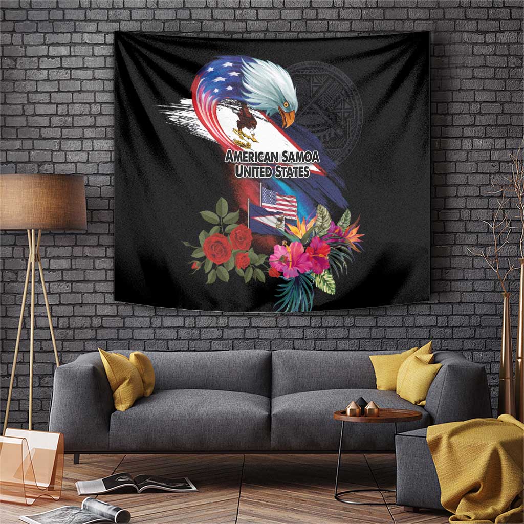 American Samoa and United States Together Tapestry National Flag with Eagle-Hibiscus and Rose