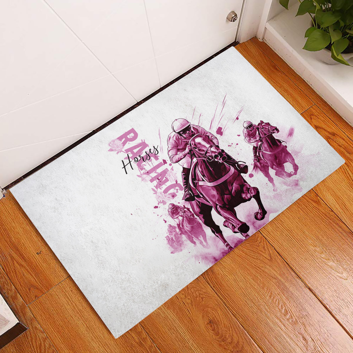 Pink jockey horse racing rubber doormat with ‘R Horsey’ lettering and two horses.