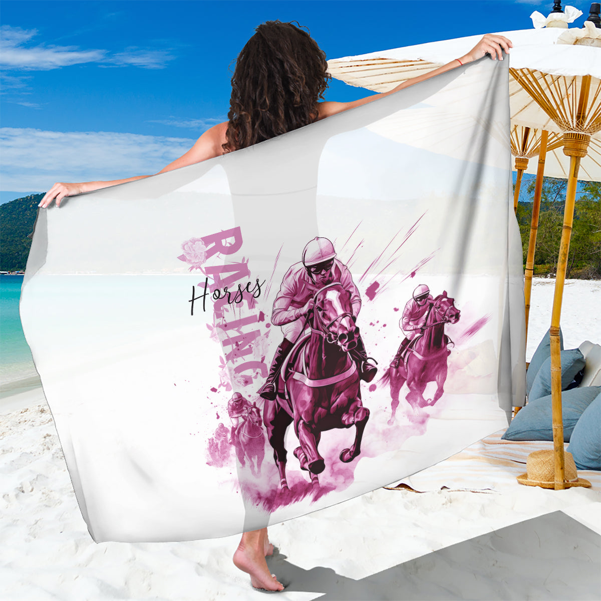 White sarong with pink jockey drawing print and horse silhouettes, held open