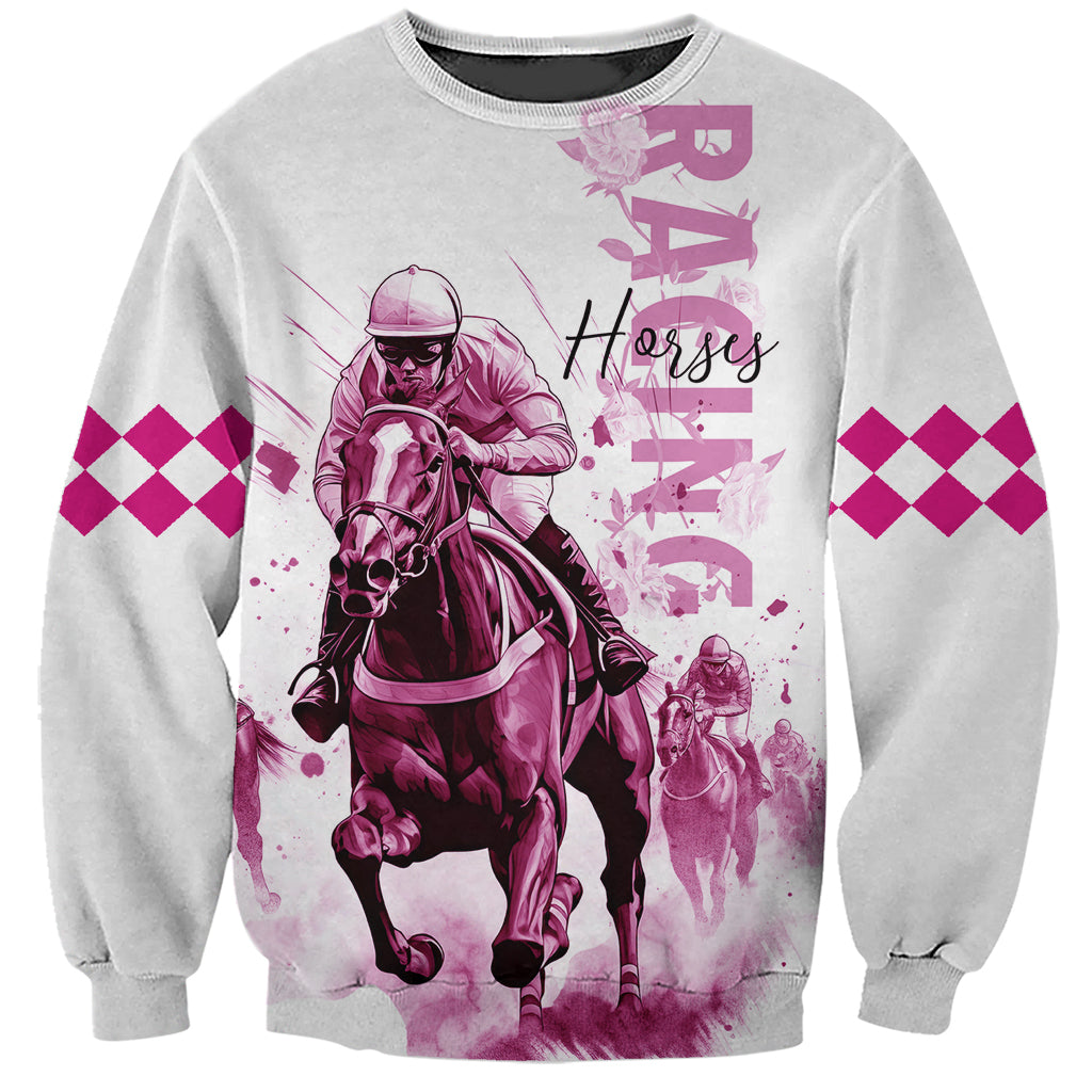 Unisex gray sweatshirt with pink jockey-and-horse graphic, 'RACING' lettering on front