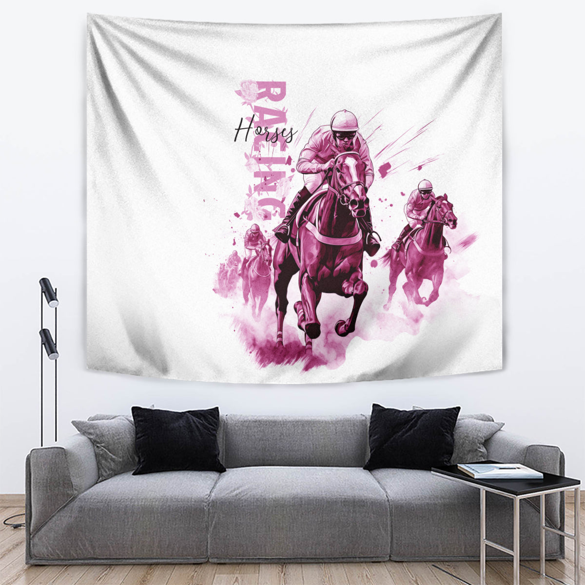 Kentucky Horses Racing Tapestry Jockey Drawing Style Pink Out Color