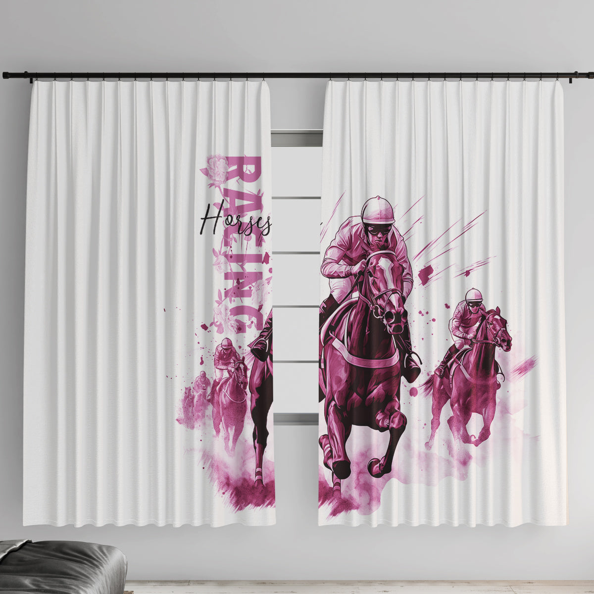 White pair of curtains with pink jockey and horse print across full header