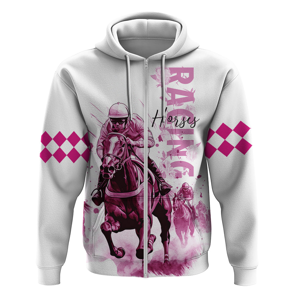 Kentucky Horses Racing Zip Hoodie Jockey Drawing Style Pink Out Color - Wonder Print Shop