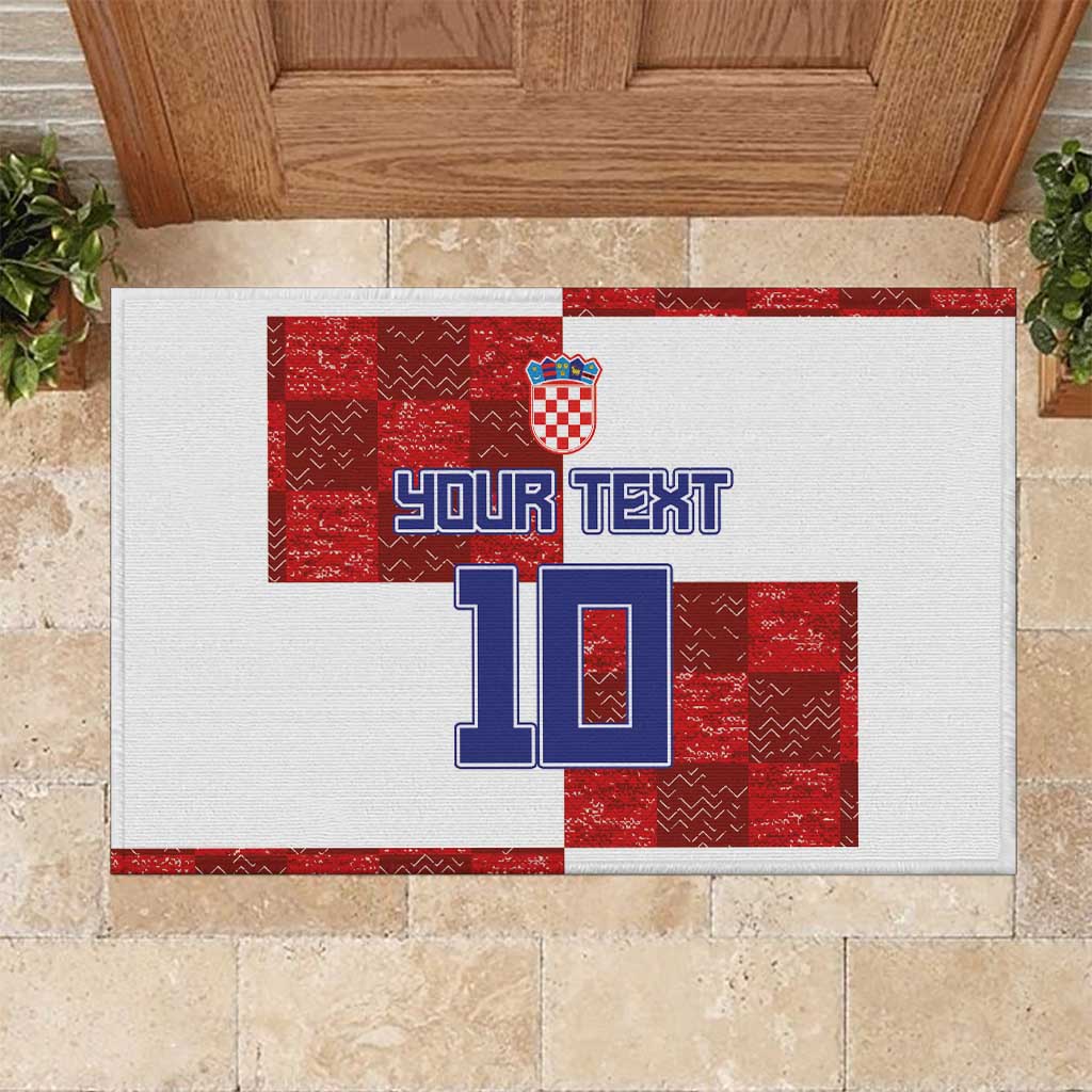 Red and white rubber doormat with Croatia crest, large 10, and custom text