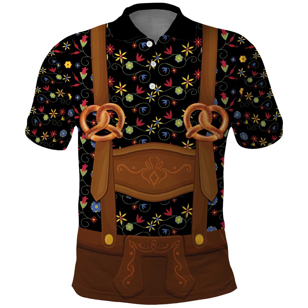 Traditional German Costume - Lederhosen and Soft Pretzel Polo Shirt Folk Floral Pattern Style