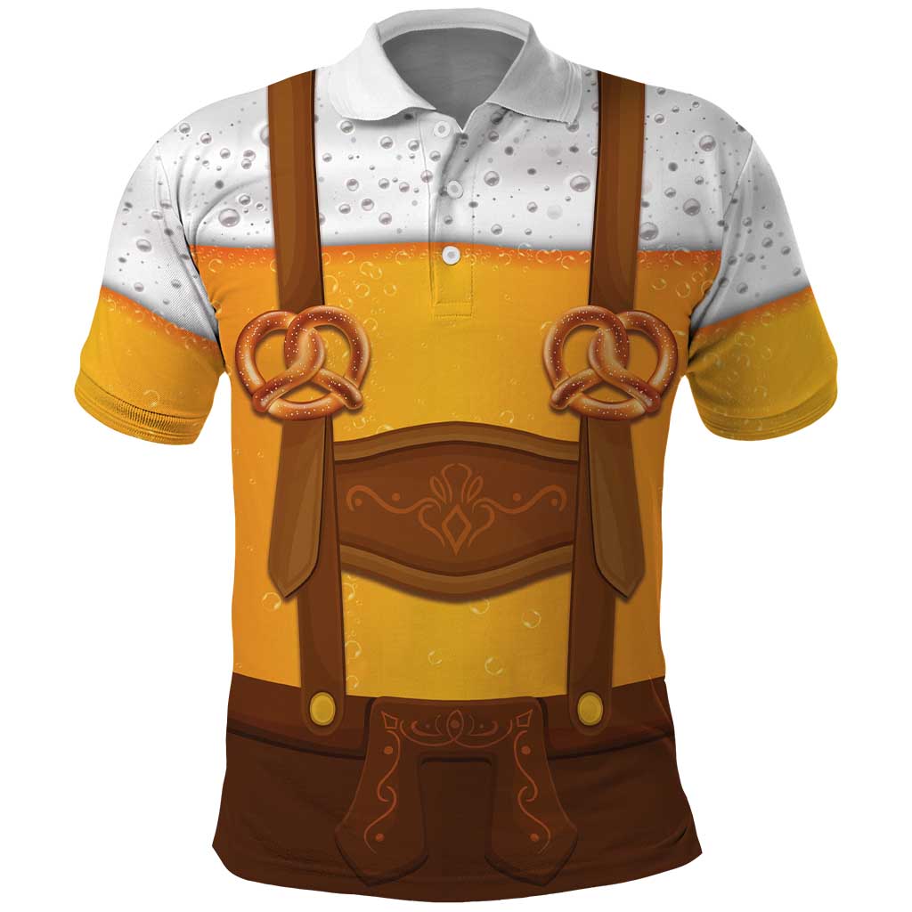 Traditional German Costume - Lederhosen and Soft Pretzel Polo Shirt Oktoberfest Beer Head Funny Style