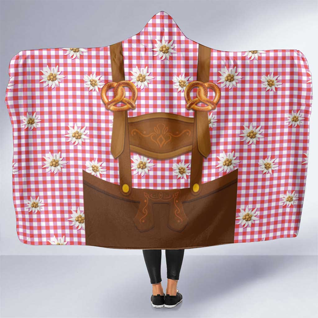 Traditional German Costume - Lederhosen and Soft Pretzel Hooded Blanket Blue Plaid Pattern with Edelweiss Flowers