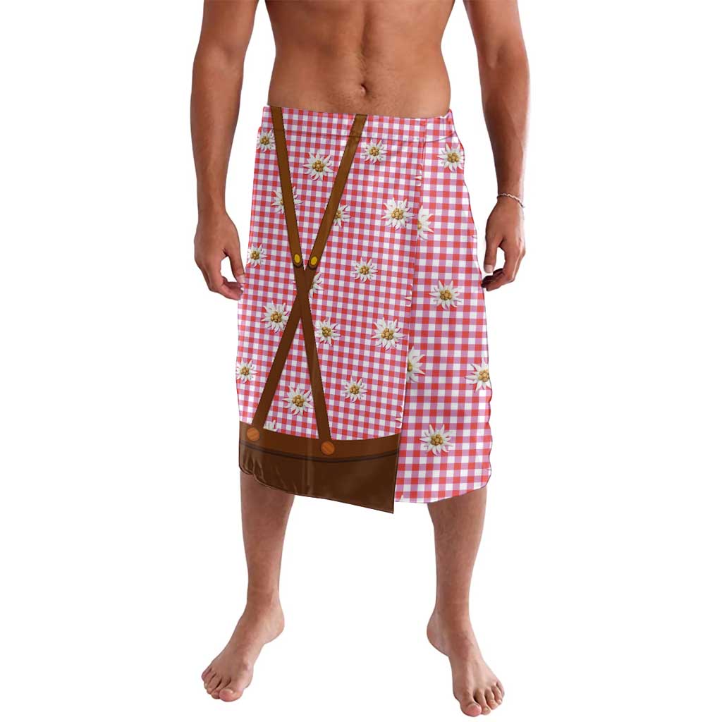 Traditional German Costume - Lederhosen and Soft Pretzel Lavalava Blue Plaid Pattern with Edelweiss Flowers